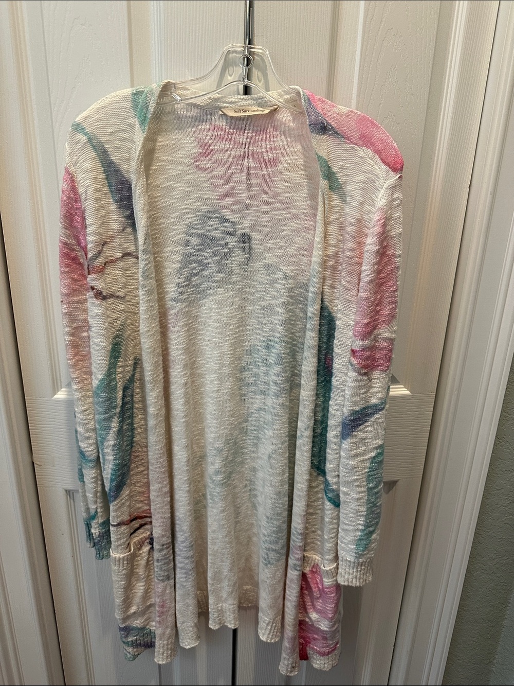 Soft Surroundings Cream Open-Front Cardigan with Pink and Teal Floral Accents